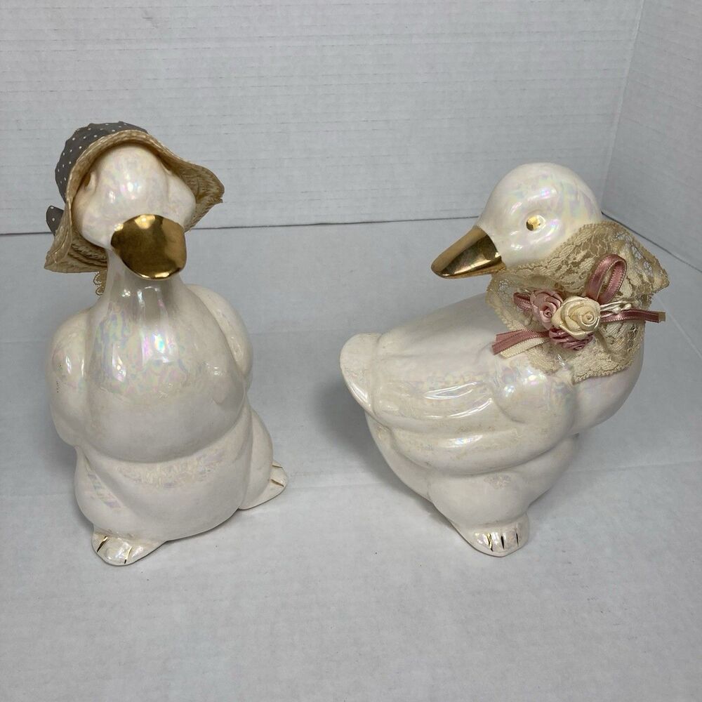 Vintage Goose Duck Figurine Opal Glazed Iridescent Ceramic 7” Pottery Cottage
